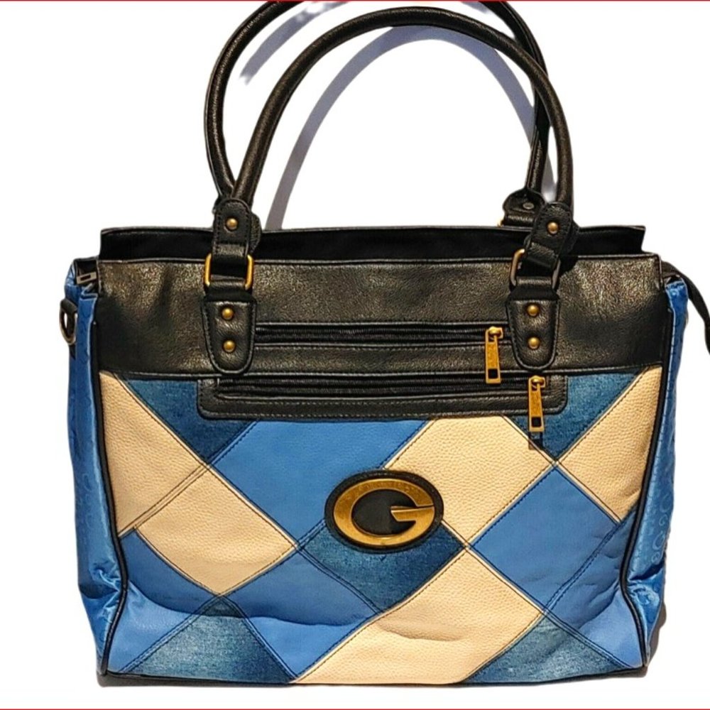 Vintage Guess Briefcase or Laptop Business Case Leather & Suede Blue/Off White